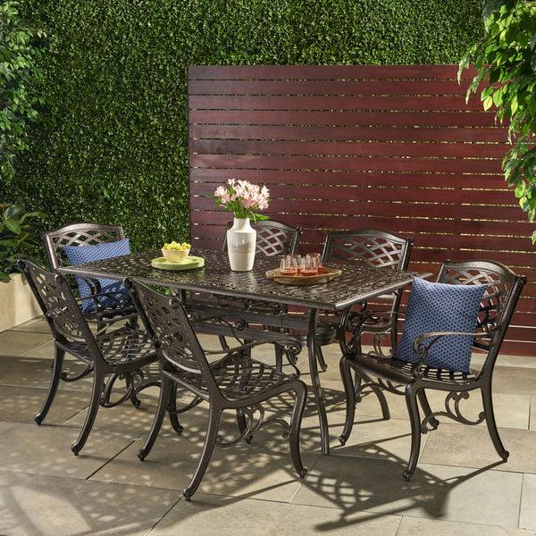 Gdf Studio Odena Outdoor 7-piece Cast Aluminum Rectangle Bronze Dining Set