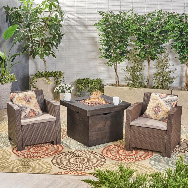 Gdf Studio Ollie Outdoor 2-Seater Wicker Print Club Chair Chat Set With Fire Pit