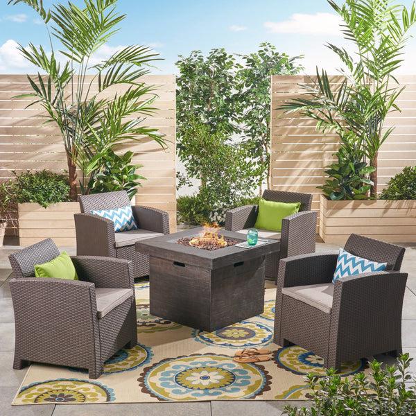 Gdf Studio Ollie Outdoor 4-Seater Wicker Print Club Chat Chair Set With Fire Pit