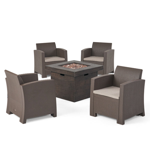 gdf studio Ollie Outdoor 4-Seater Wicker Print Club Chat Chair Set with Fire Pit