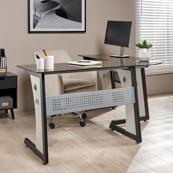 Gdf Studio Orion Modern L-Shaped Black And Gray Iron Office Desk With Tempered Glass Top