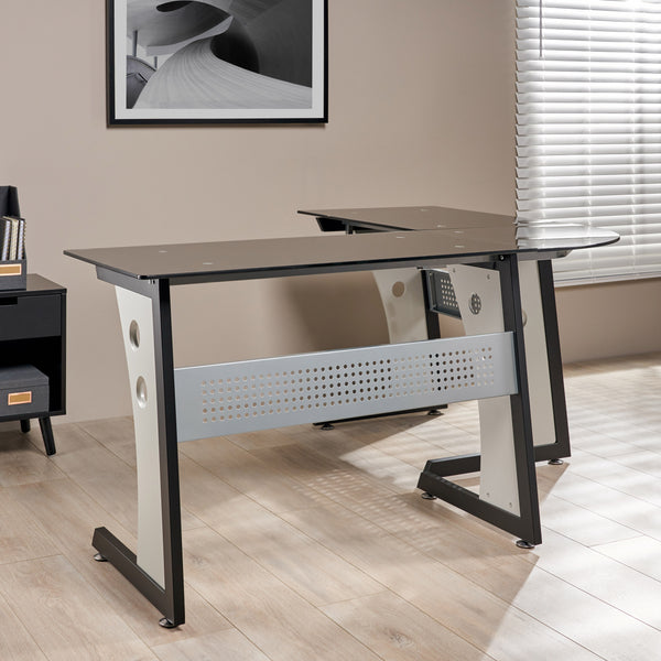 Gdf Studio Orion Modern L-Shaped Black And Gray Iron Office Desk With Tempered Glass Top
