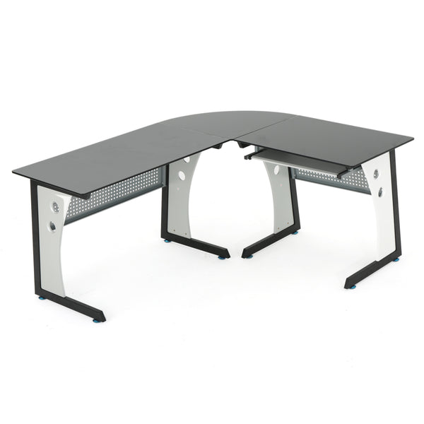 gdf studio Orion Modern L-Shaped Black and Gray Iron Office Desk with Tempered Glass Top