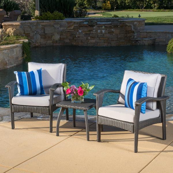 Gdf Studio Outdoor 3-Piece Gray Wicker Chat Set With Silver Cushions