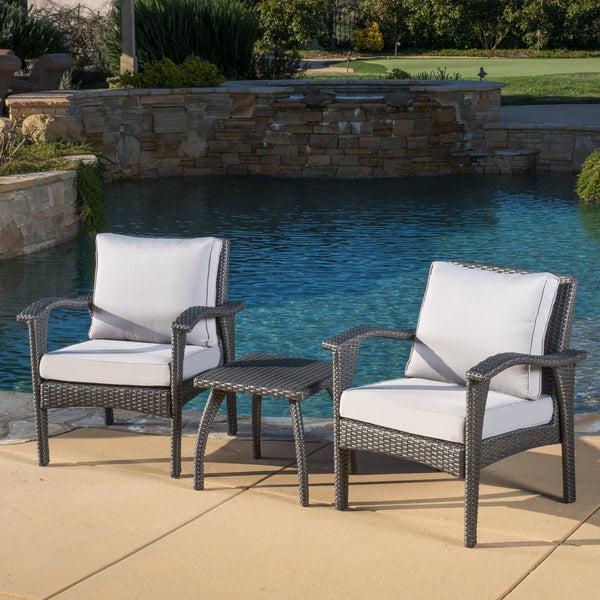 Gdf Studio Outdoor 3-Piece Gray Wicker Chat Set With Silver Cushions