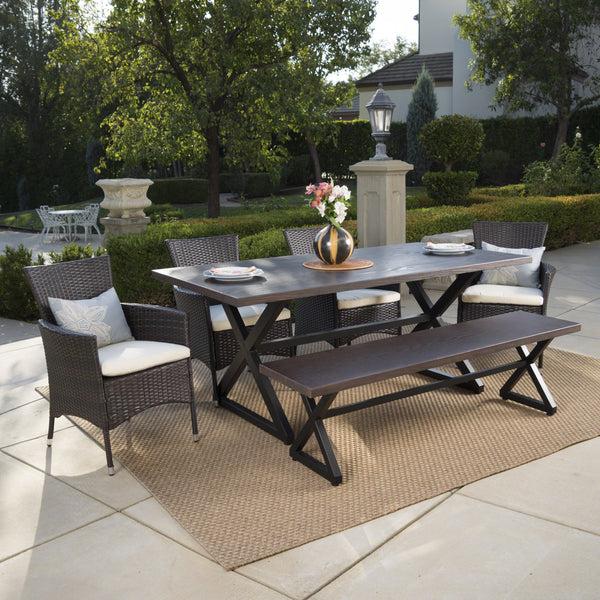 Gdf Studio Owenburg Outdoor 6 Piece Aluminum Dining Set With Bench And Wicker Dining Chairs