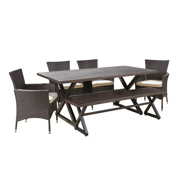 gdf studio Owenburg Outdoor 6 Piece Aluminum Dining Set with Bench and Wicker Dining Chairs