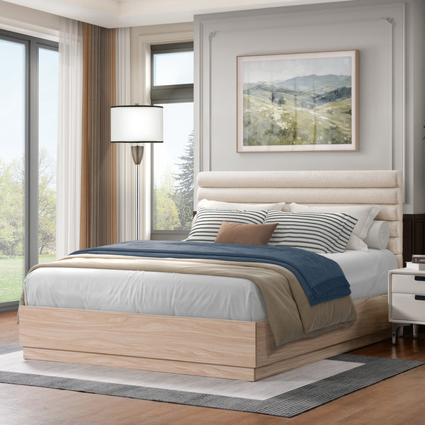 Gdf Studio Palettea Soild Wood Bed With Boucle Fabric Upholstered Headboard