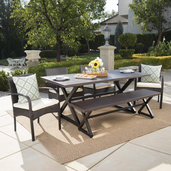 Gdf Studio Palladium Outdoor 6 Piece Brown Aluminum Dining Set With Bench And Wicker Dining Chairs
