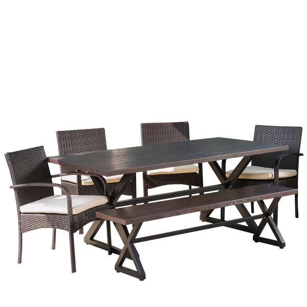 gdf studio Palladium Outdoor 6 Piece Brown Aluminum Dining Set with Bench and Wicker Dining Chairs