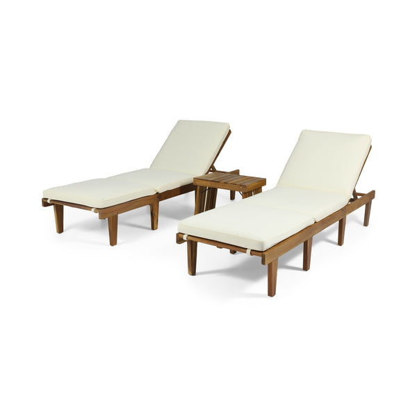 Gdf Studio Paolo Outdoor Acacia Wood 3 Piece Chaise Lounge Set With Water-Resistant Cushions