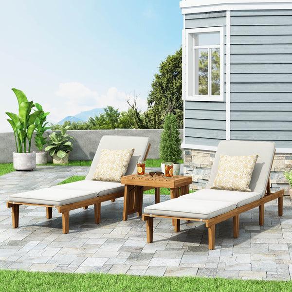 gdf studio Paolo Outdoor Acacia Wood 3 Piece Chaise Lounge Set with Water-Resistant Cushions