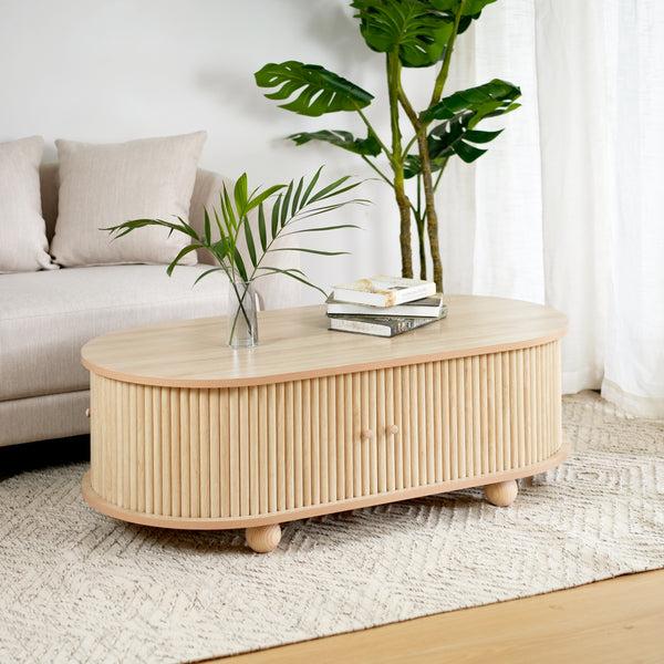 Gdf Studio Paragrine Elegant Long Oval MDF Storage Side Table With Vintage Charm In Natural Color