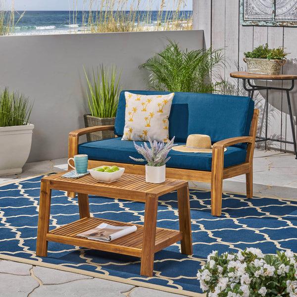 Gdf Studio Parma Outdoor Acacia Wood Loveseat And Coffee Table Set With Cushions
