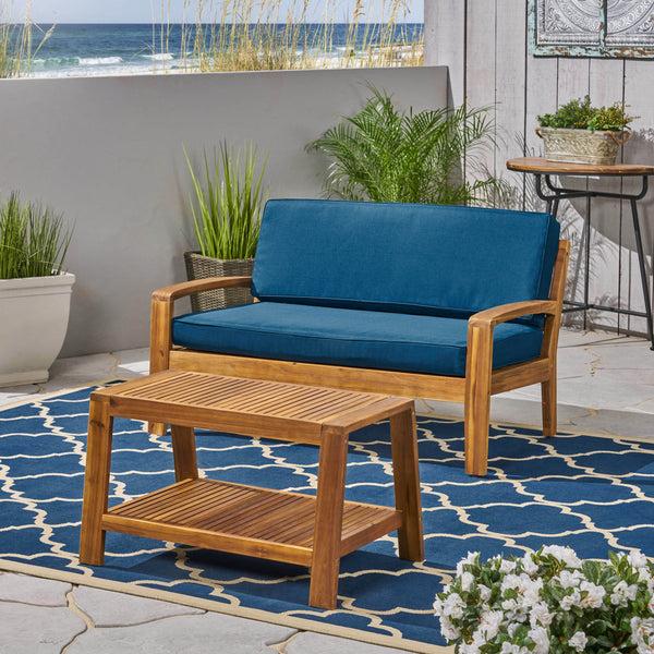 Gdf Studio Parma Outdoor Acacia Wood Loveseat And Coffee Table Set With Cushions