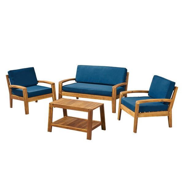 Gdf Studio Parma Patio Acacia Wood 4-Seater Conversation Set With Coffee Table And Cushions