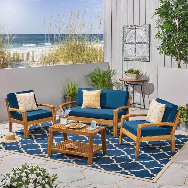 Gdf Studio Parma Patio Acacia Wood 4-Seater Conversation Set With Coffee Table And Cushions