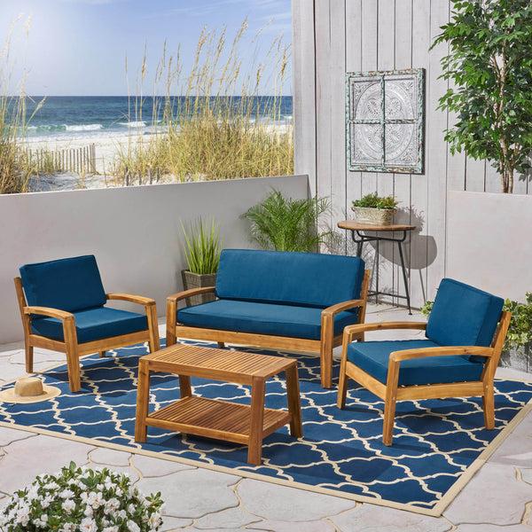 Gdf Studio Parma Patio Acacia Wood 4-Seater Conversation Set With Coffee Table And Cushions