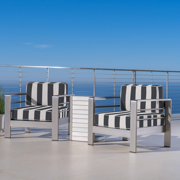 Gdf Studio Parrish Coral Outdoor Aluminum Club Chairs And Side Table Set With Cushions Silver And Cabana Classic Sunbrella (Optional Sunbrella Cushions)