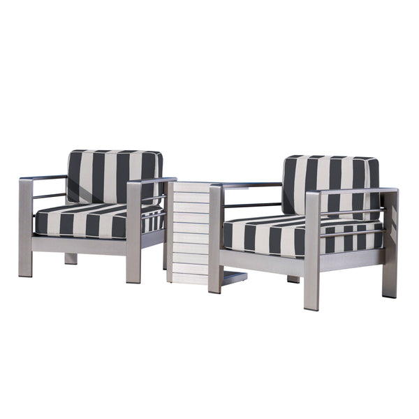 gdf studio Parrish Coral Outdoor Aluminum Club Chairs and Side Table Set with Cushions Silver and Cabana Classic Sunbrella (Optional Sunbrella Cushions)