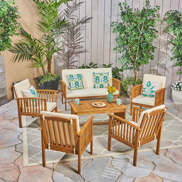Gdf Studio Parry Outdoor Open Slat 6-Seater Acacia Wood Conversation Set With Coffee Table