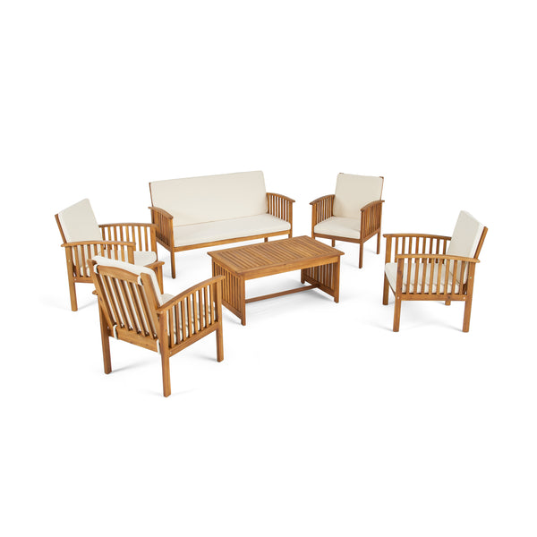 gdf studio Parry Outdoor Open Slat 6-Seater Acacia Wood Conversation Set with Coffee Table