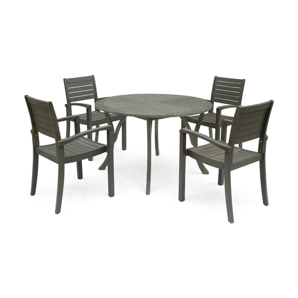 gdf studio Payne Outdoor Rustic 5 Piece Round Acacia Wood Dining Set with Slats