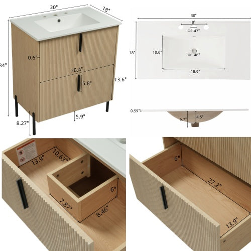 Gdf Studio Peaken 30" Bathroom Vanity With Ceramic Sink And Full-Extension Drawers Soft Close Undermount Drawer Slides