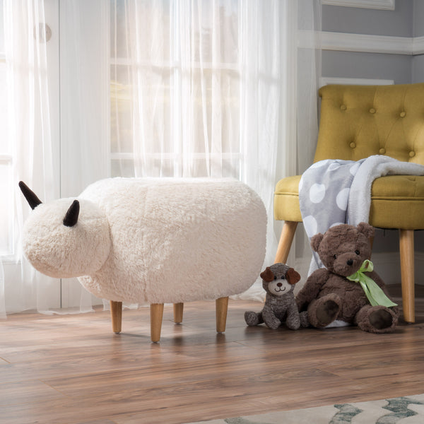 Gdf Studio Pearcy Modern White Faux Fur Sheep Ottoman With Tapered Wood Legs