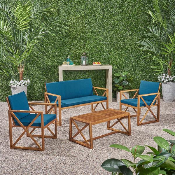 Gdf Studio Penny Outdoor Acacia Wood 4 Piece Chat Set With Cushions