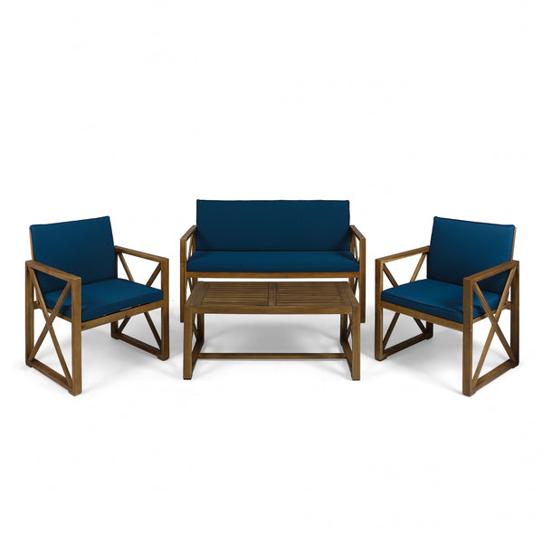 gdf studio Penny Outdoor Acacia Wood 4 Piece Chat Set with Cushions