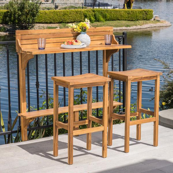 Gdf Studio Pensacola Outdoor 3 Piece Acacia Wood Balcony Bar Set