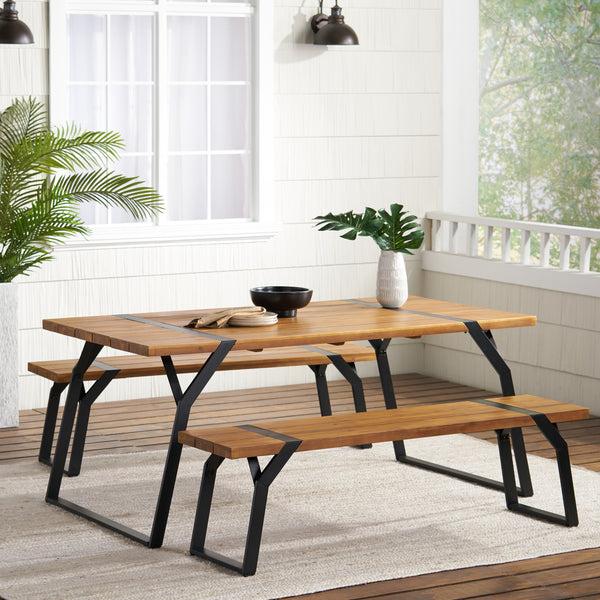 Gdf Studio Pepple Outdoor Acacia Wood 3 Piece Picnic Dining Set Teak And Black