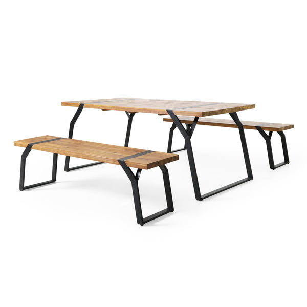 gdf studio Pepple Outdoor Acacia Wood 3 Piece Picnic Dining Set Teak and Black