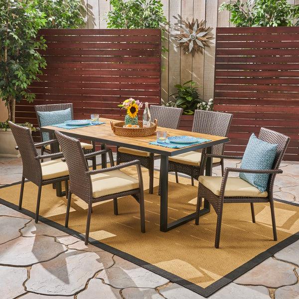 Gdf Studio Perlestl Outdoor 6-Seater Rectangular Acacia Wood And Wicker Dining Set Teak With Black And Brown With Cream
