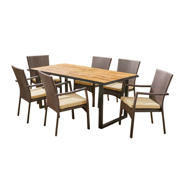 gdf studio Perlestl Outdoor 6-Seater Rectangular Acacia Wood and Wicker Dining Set Teak with Black and Brown with Cream