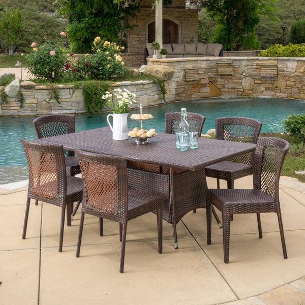 Gdf Studio Perry Outdoor 7-Piece Multi-Brown Wicker Dining Set With Umbrella Hole