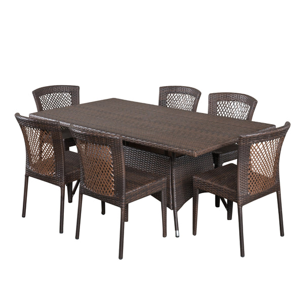 gdf studio Perry Outdoor 7-Piece Multi-Brown Wicker Dining Set with Umbrella Hole