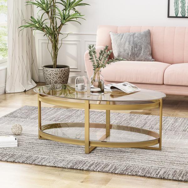 Gdf Studio Peterborough Modern Glam Tempered Glass Oval Coffee Table With Iron Frame