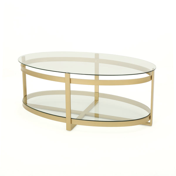 gdf studio Peterborough Modern Glam Tempered Glass Oval Coffee Table with Iron Frame