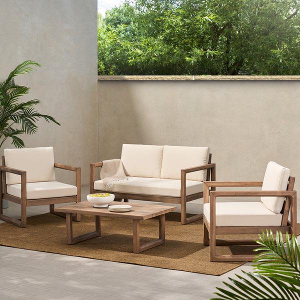 Gdf Studio Petteti Outdoor Acacia Wood Chat Set With Cushions Brown And Beige