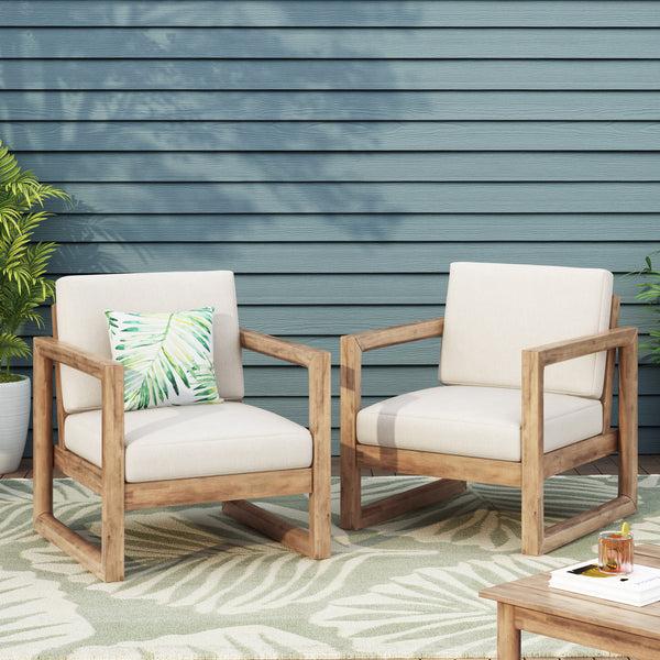 Gdf Studio Petteti Outdoor Acacia Wood Club Chairs With Cushions Set Of 2 Brown And Beige