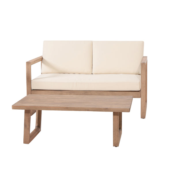 gdf studio Petteti Outdoor Acacia Wood Loveseat and Coffee Table Set with Cushions Brown Wash Beige