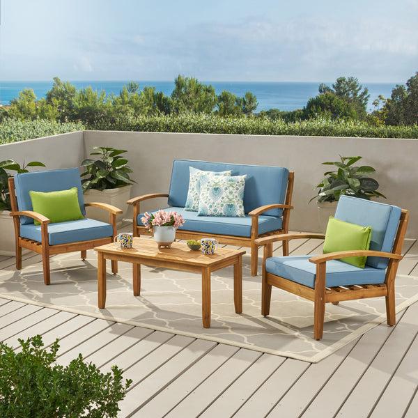 Gdf Studio Peyton 4 Pc Acacia Wood Chat Set W/ Water Resistant Cushions