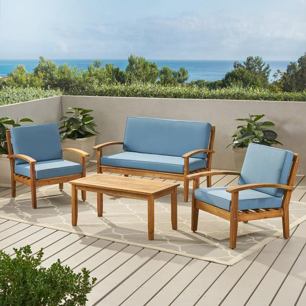 Gdf Studio Peyton 4 Pc Acacia Wood Chat Set W/ Water Resistant Cushions