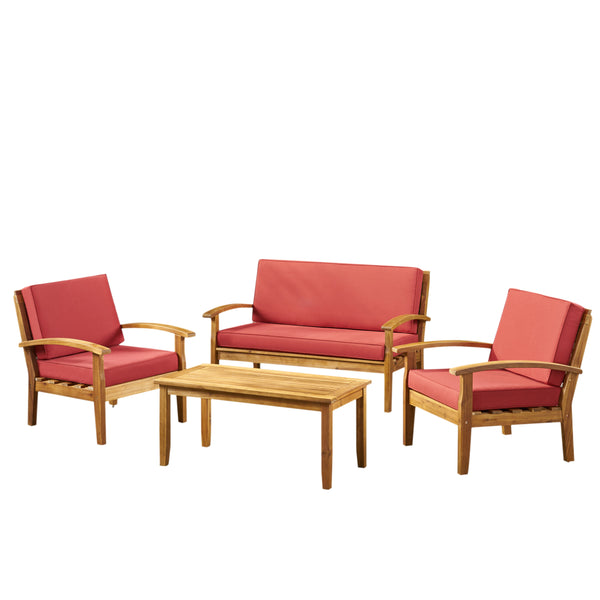Gdf Studio Peyton 4 Pc Acacia Wood Chat Set W/ Water Resistant Cushions