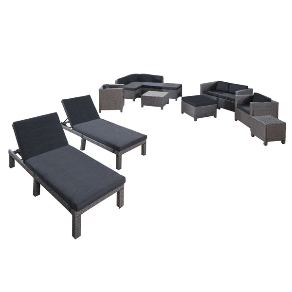 gdf studio Phillips Outdoor 13 Pc Wicker Patio Set w/Water Resistant Cushions
