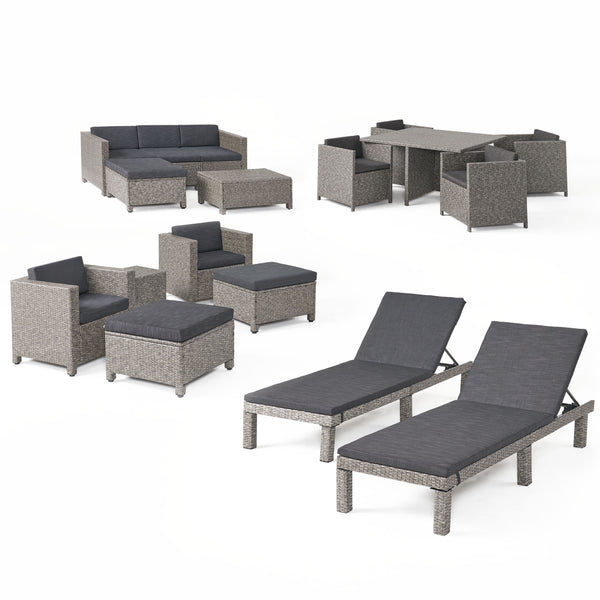 gdf studio Phillips Outdoor 17 PcWicker Patio Set w/Water Resistant Cushion