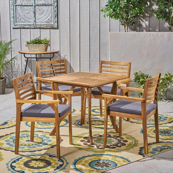 Gdf Studio Phoenix Outdoor Acacia 4-Seater Dining Set With Cushions And 32" Square Table With Carved Legs