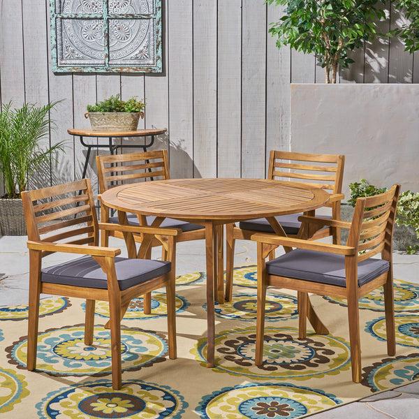 Gdf Studio Phoenix Outdoor Acacia 4-Seater Dining Set With Cushions And 47" Round Table With Carved Legs